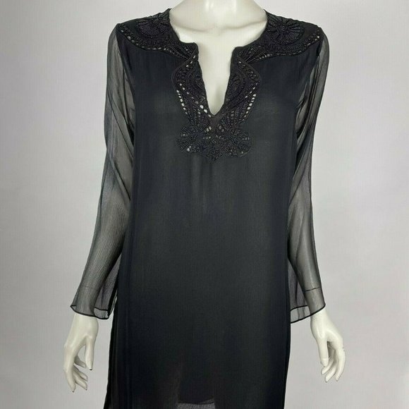 ECI NY Silk Embellished Tunic Top Sheer Lined Long Sleeve Side Slits Women M NWT - Picture 2 of 11